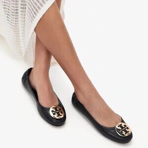 Tory Burch Black Leather Ballet Flats with Gold Logo Medallion